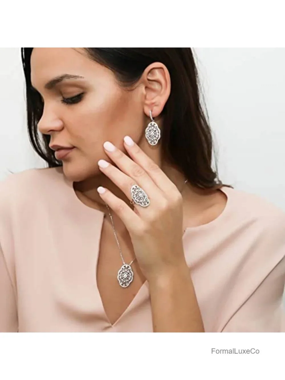 Sterling Silver Flower Navette Art Deco Filigree Statement Cocktail Ring Cubic